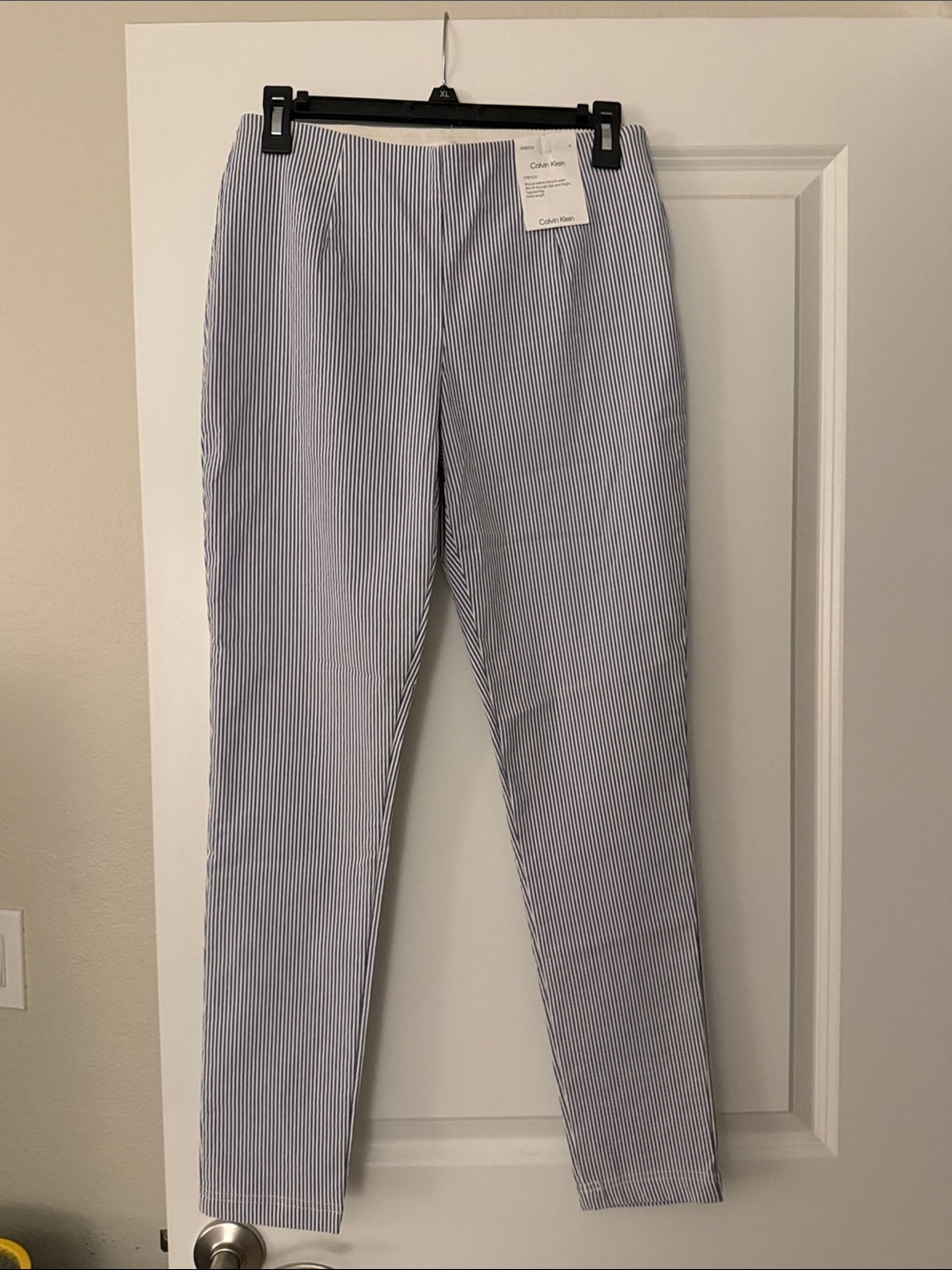 Calvin Klein Navy and White Pinstriped Ankle Pants